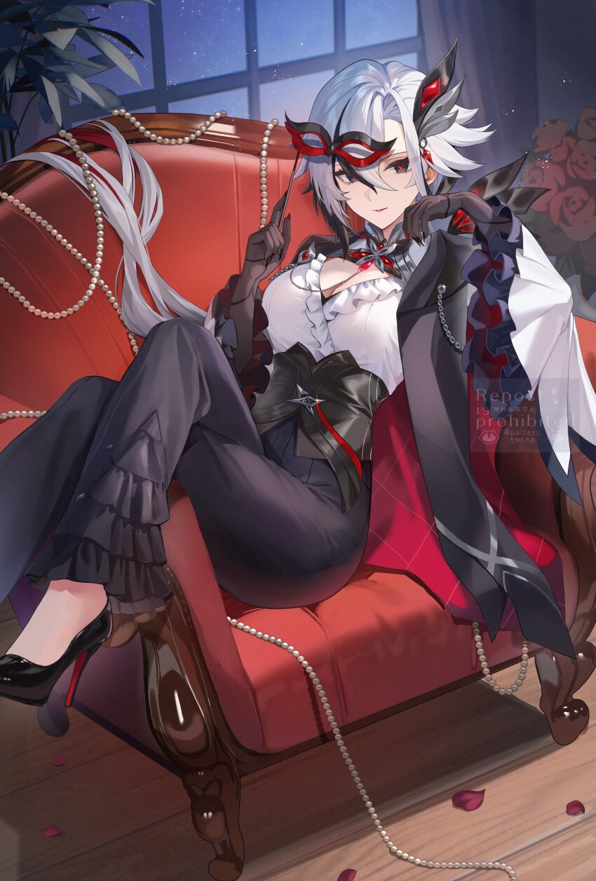 1girl, absurdres, alternate_costume, arlecchino_(genshin_fes_2026)_(genshin_impact), arlecchino_(genshin_impact), black_eyes, black_hair, black_hands