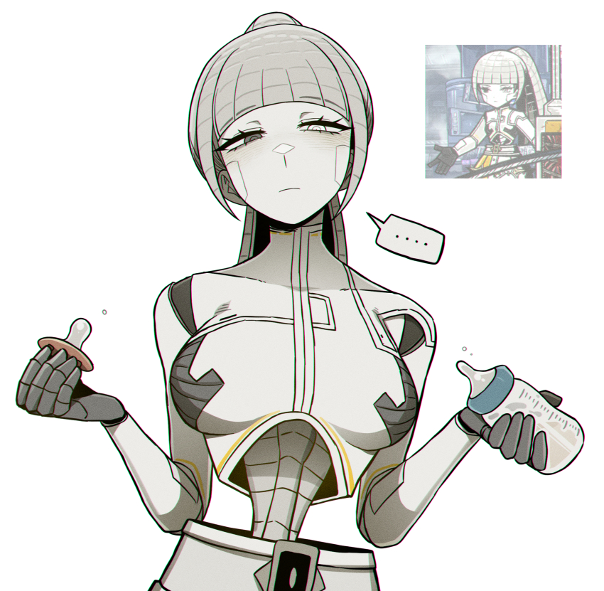 ..., 1girl, albina_(project_moon), android, baby_bottle, bottle, closed_mouth, commentary_request, grey_hair, heterochromia, high_ponytail, highres, holding_pacifier, korean_commentary, limbus_company, long_hair, looking_at_viewer, misg1111, pacifier, ponytail, project_moon, reference_inset, seams, solo, speech_bubble