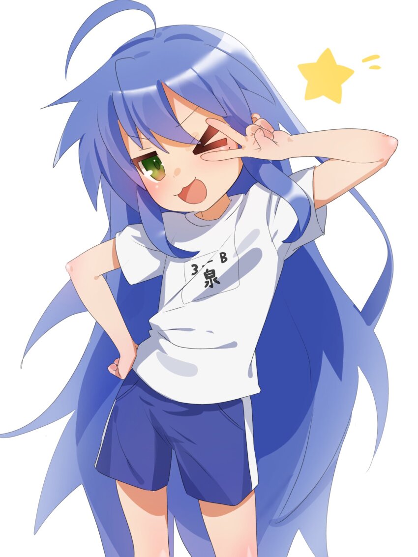 1girl, :3, ahoge, blue_hair, blush, commentary, green_eyes, gsa082rnw, gym_uniform, hand_on_own_hip, highres, izumi_konata, jitome, long_hair, looking_at_viewer, lucky_star, mole, mole_under_eye, one_eye_closed, open_mouth, shirt, shorts, smile, solo, star_(symbol), untranslatable_commentary, t-shirt, v, v_over_eye, very_long_hair