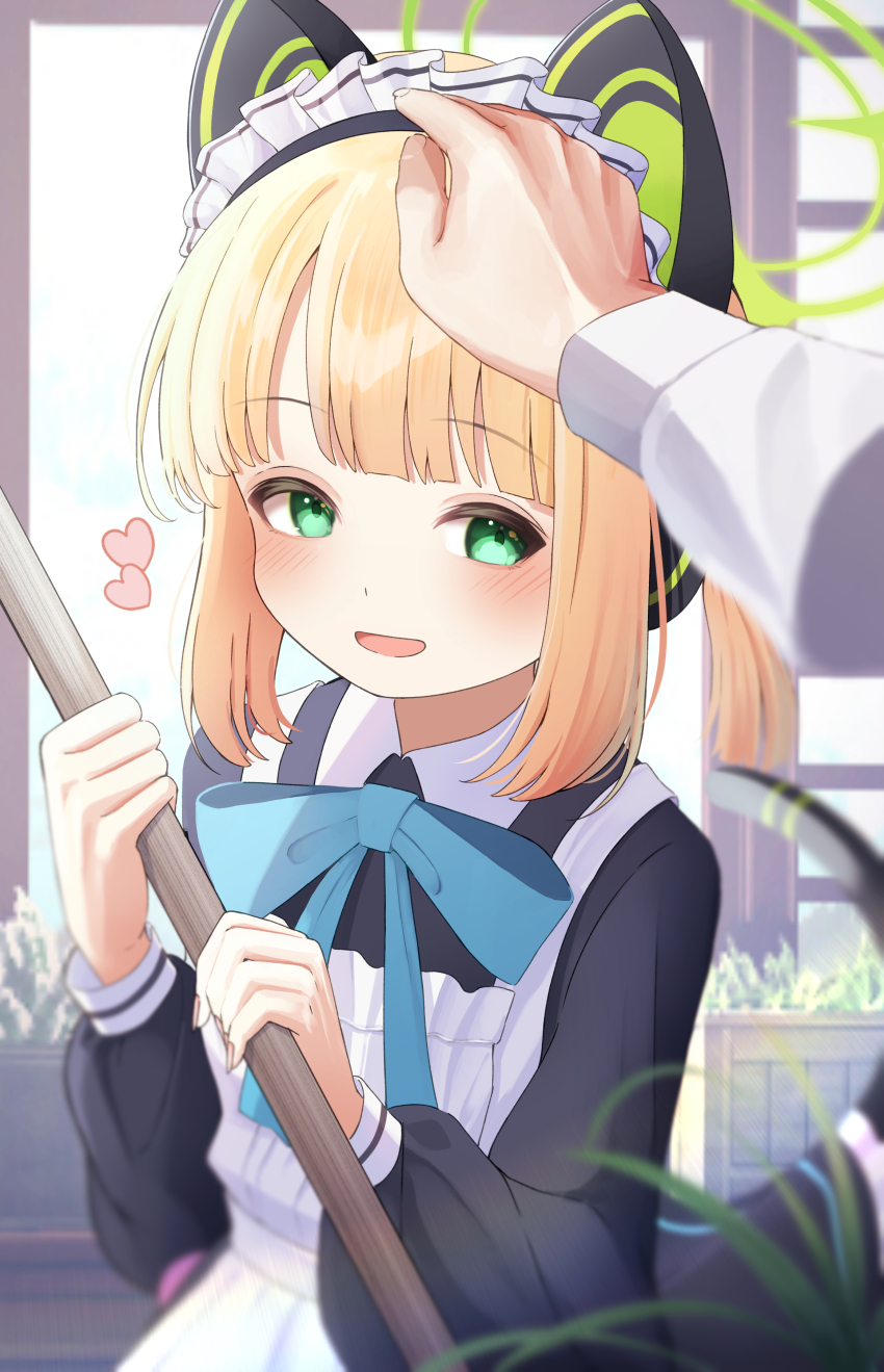 1girl, 1other, absurdres, animal_ear_headphones, animal_ears, apron, black_dress, blonde_hair