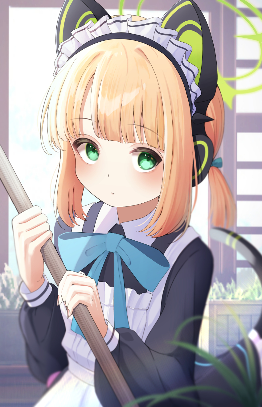 1girl, absurdres, animal_ear_headphones, animal_ears, apron, black_dress, blonde_hair, blue_archive