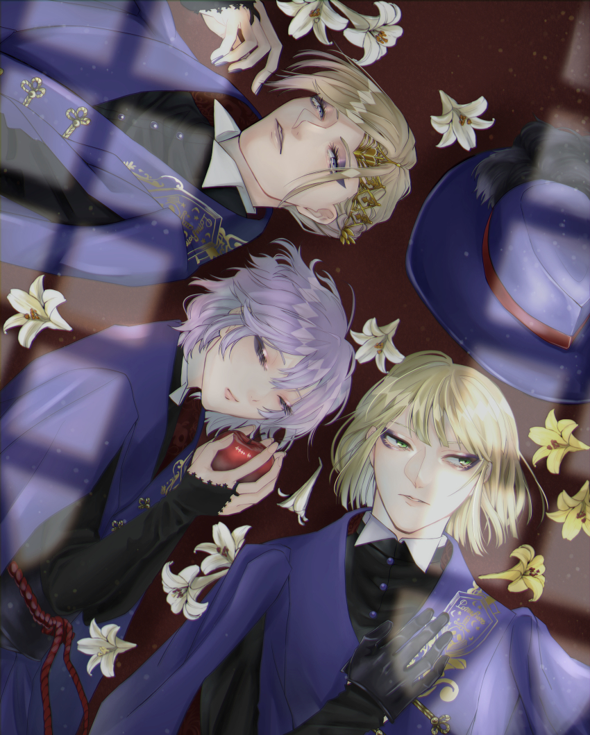 3boys, absurdres, apple, black_bridal_gauntlets, black_gloves, black_shirt, blonde_hair, blue_eyes