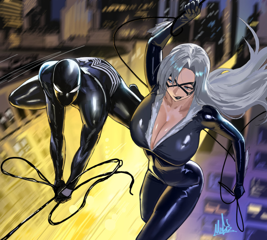 1boy, 1girl, black_bodysuit, black_cat_(marvel), black_lips, blue_eyes, blurry, blurry_background, bodysuit, breasts, cityscape, cleavage, commentary, english_commentary, eye_mask, fur-trimmed_bodysuit, grappling_hook, grin, highres, large_breasts, long_hair, marvel, mask, midair, motion_blur, mugi_(mugit49), multicolored_bodysuit, muscular, muscular_male, narrowed_eyes, new_york_city, parted_bangs, peter_parker, signature, smile, spider-man, spider-man_(original_black_suit), spider-man_(series), superhero_costume, swinging_on_rope, swinging_on_web, symbiote, two-tone_bodysuit, white_hair