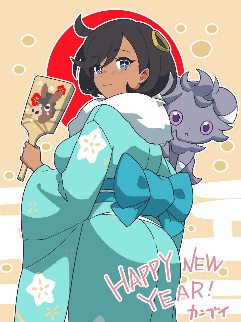 1girl, blue_kimono, commentary_request, dark-skinned_female, dark_skin, emma_(pokemon), espurr, gen_6_pokemon