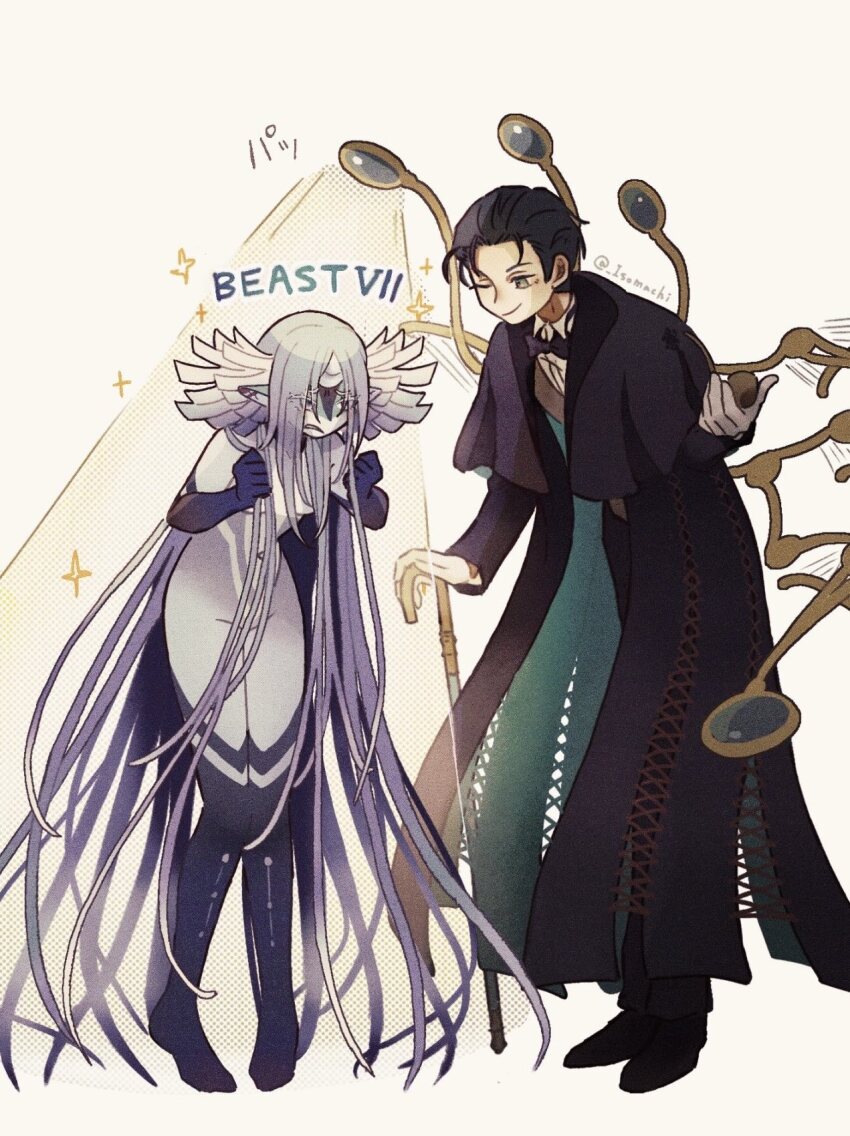 1boy, 1girl, black_boots, black_bow, black_bowtie, black_coat, black_hair, black_pants