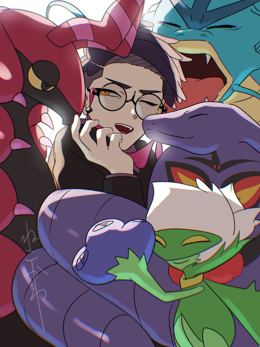 1boy, absurdres, arbok, arm_up, black-framed_eyewear, black_jacket, closed_eyes, commentary_request