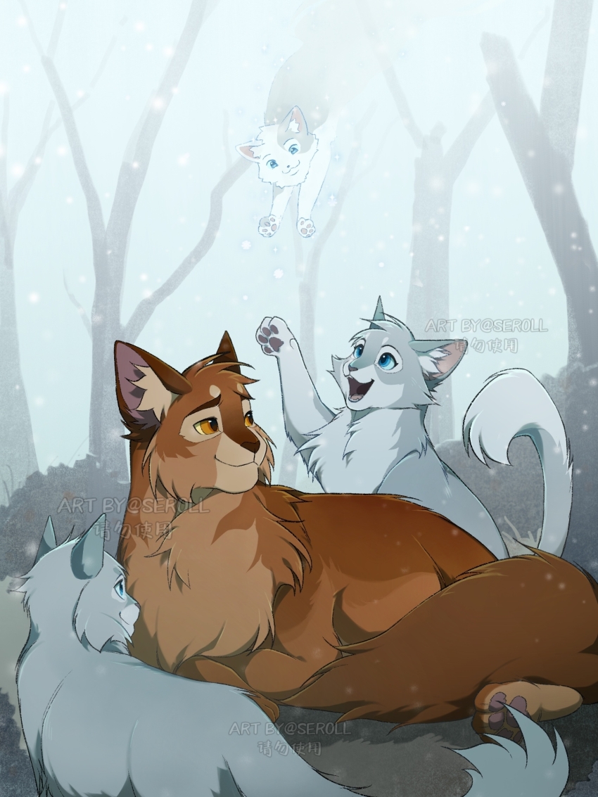 animal, animal_focus, baby_animal, blue_eyes, brother_and_sister, brown_cat, cat, chinese_commentary, commentary_request, father_and_child, father_and_daughter, father_and_son, ghost, grey_cat, highres, implied_death, kitten, mistystar, mosskit, no_humans, oakheart, orange_eyes, outdoors, parent_and_child, pawpads, seroll, siblings, smile, snow, snowing, stonefur, the_prophecies_begin, tree, warrior_cats, watermark