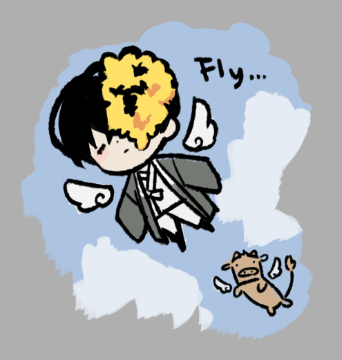 1boy, black_hair, chibi, closed_eyes, closed_mouth, coat, commentary, cow