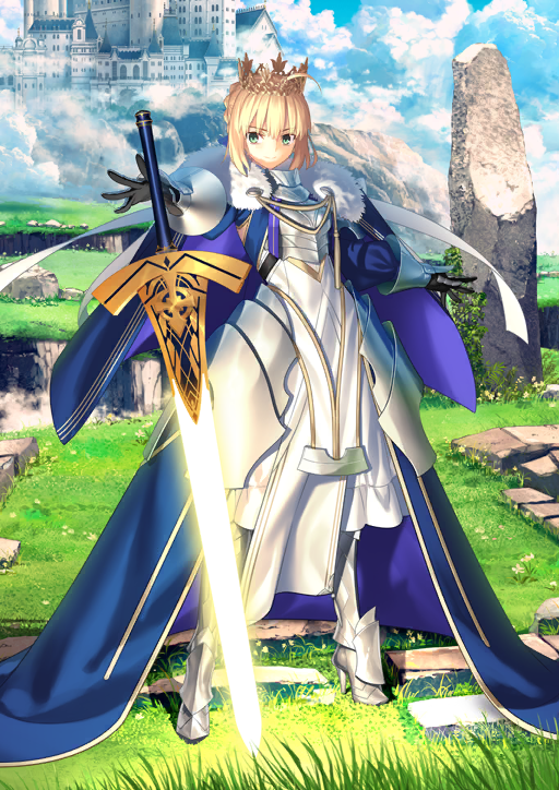 1girl, ahoge, armor, armored_boots, armored_dress, artoria_pendragon_(fate), blonde_hair, blue_dress