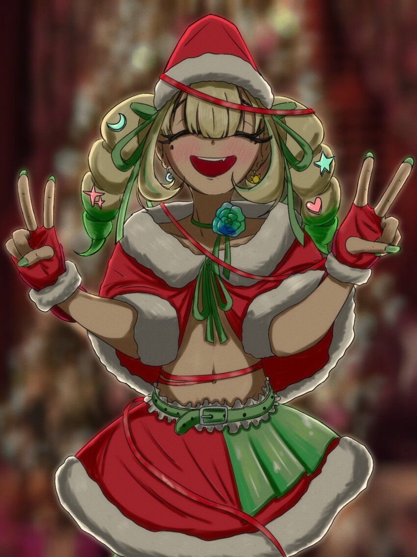 1girl, :d, belt, blonde_hair, blurry, blurry_background, blush, capelet