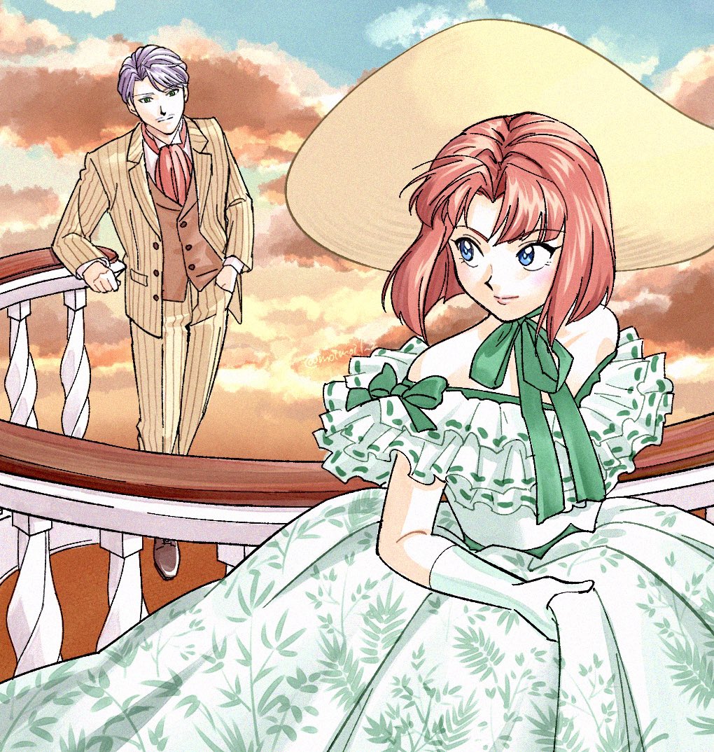 1boy, 1girl, age_difference, alternate_costume, aristocratic_clothes, ascot, baluster, banister