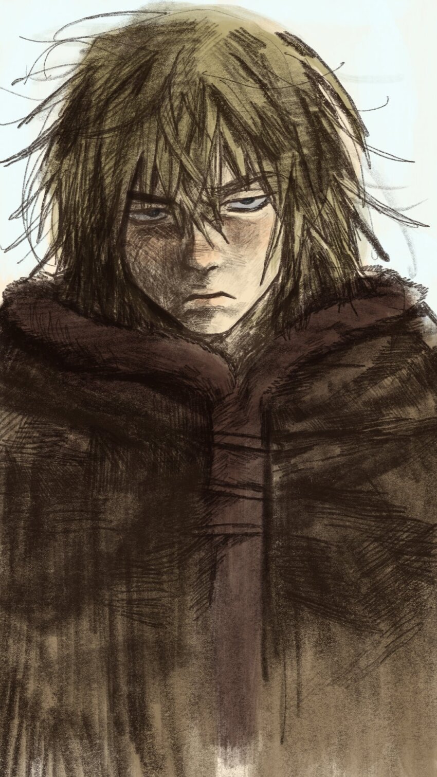 1boy, 96a5b0, annoyed, blonde_hair, brown_capelet, capelet, closed_mouth, dirty