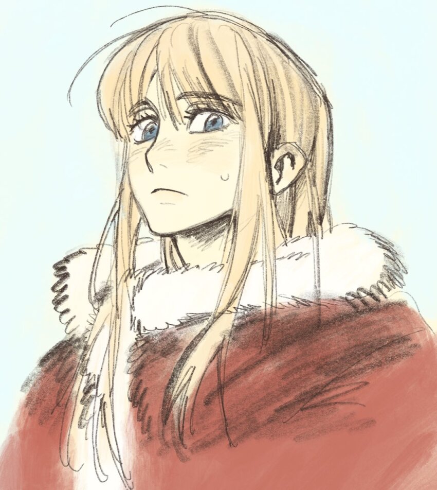 1boy, 96a5b0, androgynous, blonde_hair, blue_background, blush, canute, cloak, closed_mouth, fur-trimmed_cloak, fur_trim, hair_between_eyes, highres, long_hair, looking_at_viewer, male_focus, red_cloak, sketch, solo, straight_hair, sweatdrop, trap, vinland_saga