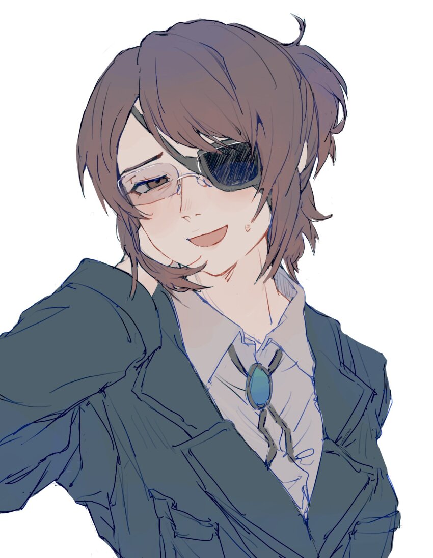 1girl, arm_behind_head, black_background, blue_gem, blue_jacket, bolo_tie, breasts, brooch