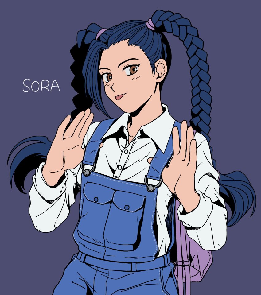 1girl, backpack, bag, blue_hair, blue_overalls, braid, brown_eyes, campus_love_story, chae_sora, character_name, collared_shirt, grey_background, gyoi_0_0, highres, long_hair, long_sleeves, overalls, purple_bag, shirt, simple_background, solo, tongue, tongue_out, twin_braids, upper_body, white_shirt