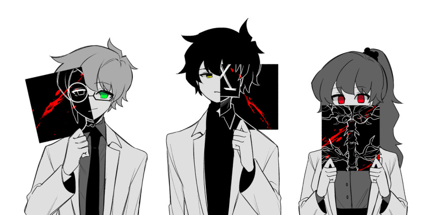 1girl, 2boys, 69_ronku, ayin_(project_moon), bad_id, bad_twitter_id, benjamin_(project_moon), blood