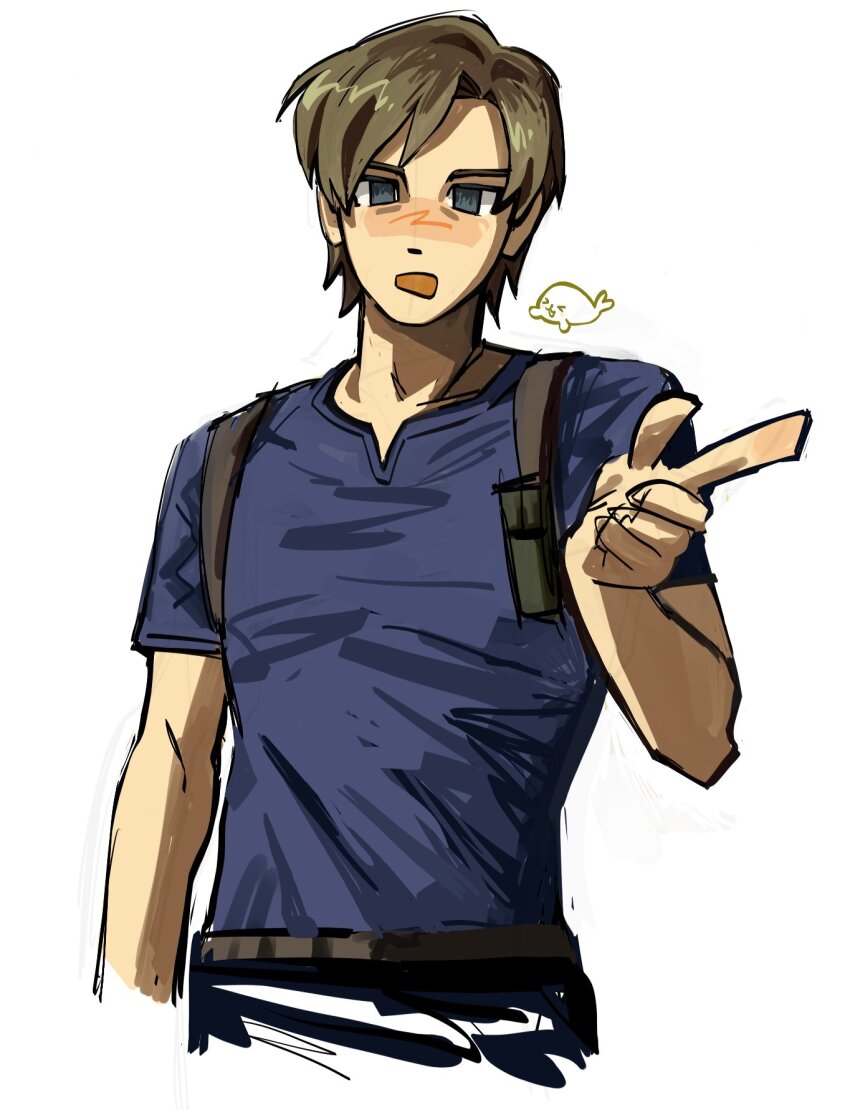 1boy, 96a5b0, black_pants, blue_shirt, blush, brown_hair, cropped_torso, grey_eyes