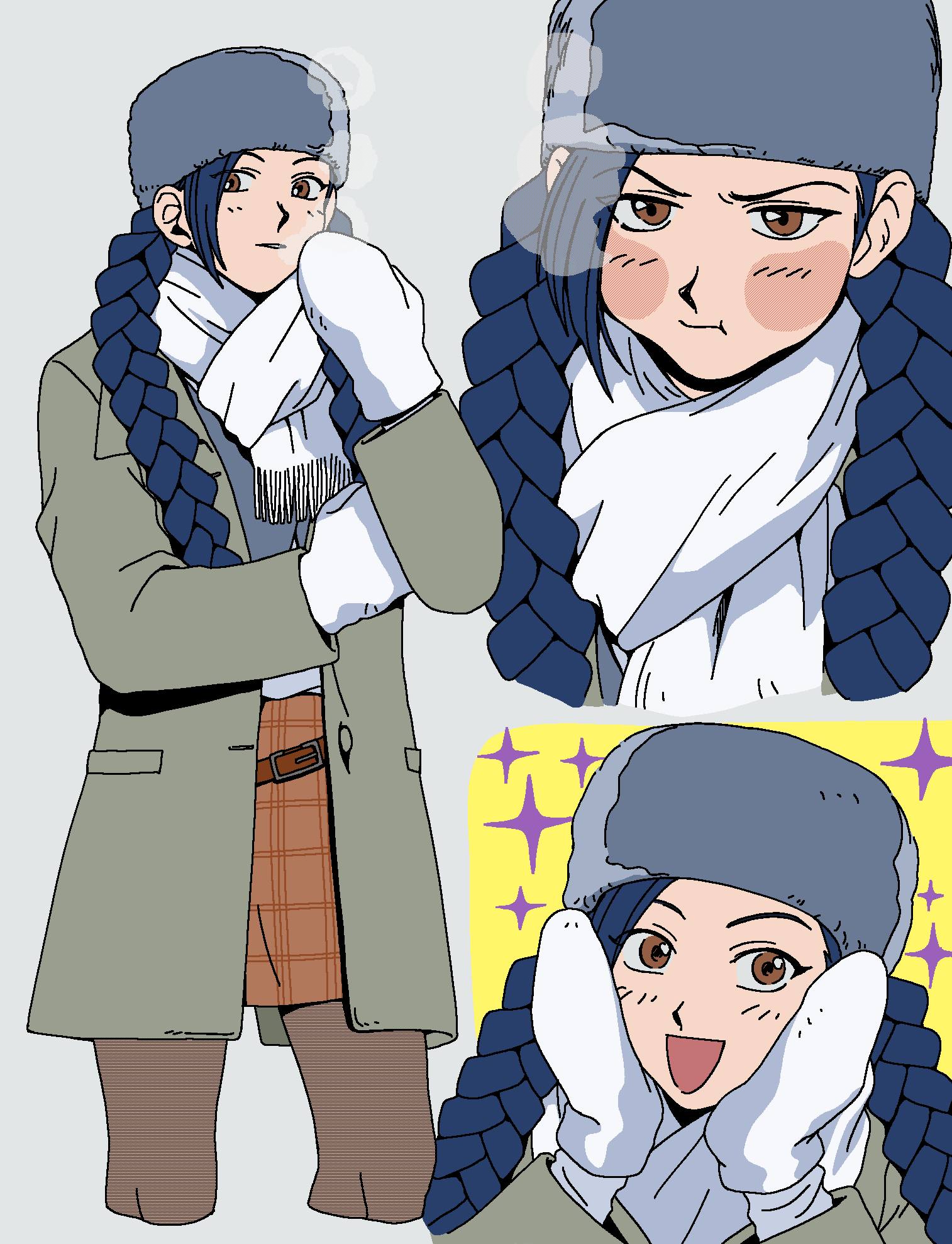 1girl, :d, :t, belt, blue_hair, blush, braid, breath, brown_belt, brown_eyes, campus_love_story, chae_sora, coat, cropped_legs, fur_hat, grey_coat, grey_hat, gyoi_0_0, hands_on_own_cheeks, hands_on_own_face, hat, highres, looking_at_viewer, mittens, multiple_girls, open_mouth, orange_skirt, pantyhose, pout, scarf, skirt, smile, sparkle, twin_braids, white_mittens, white_scarf, winter_clothes
