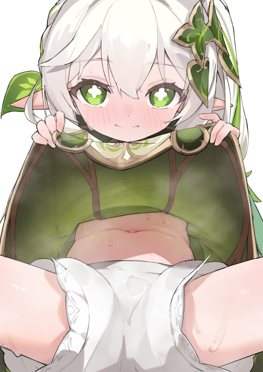 1girl, bloomers, clothes_lift, dress, dress_lift, genshin_impact, green_dress, green_eyes, green_hair, hair_ornament, highres, leaf_in_hair, lifting_own_clothes, loli, long_hair, looking_at_viewer, multicolored_hair, nahida_(genshin_impact), navel, pointy_ears, side_ponytail, sitting, smile, so_(user_jkaz7455), solo, spread_legs, steam, stomach, sweat, thighs, two-sided_dress, two-sided_fabric, two-tone_hair, underwear, white_bloomers, white_dress, white_hair