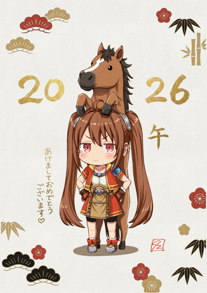 1girl, 1other, 2026, ahoge, antenna_hair, bike_shorts, bike_shorts_under_skirt, brown_horse