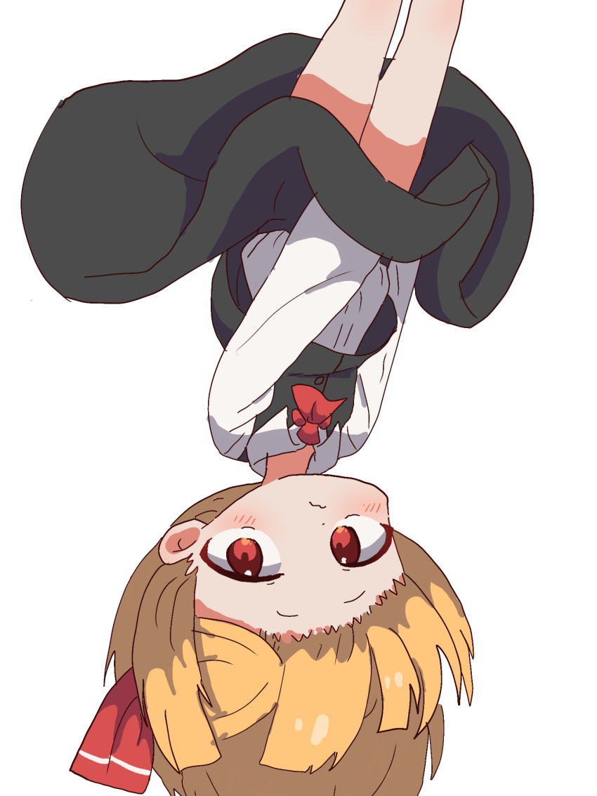 1girl, ascot, black_skirt, black_vest, blonde_hair, blush, commentary, embarrassed, frown, hair_ribbon, highres, korean_commentary, long_sleeves, magg_(user_mtca8588), medium_hair, red_ascot, red_eyes, ribbon, rumia, shirt, skirt, skirt_tug, solo, thighs, touhou, upside-down, vest, white_background, white_shirt