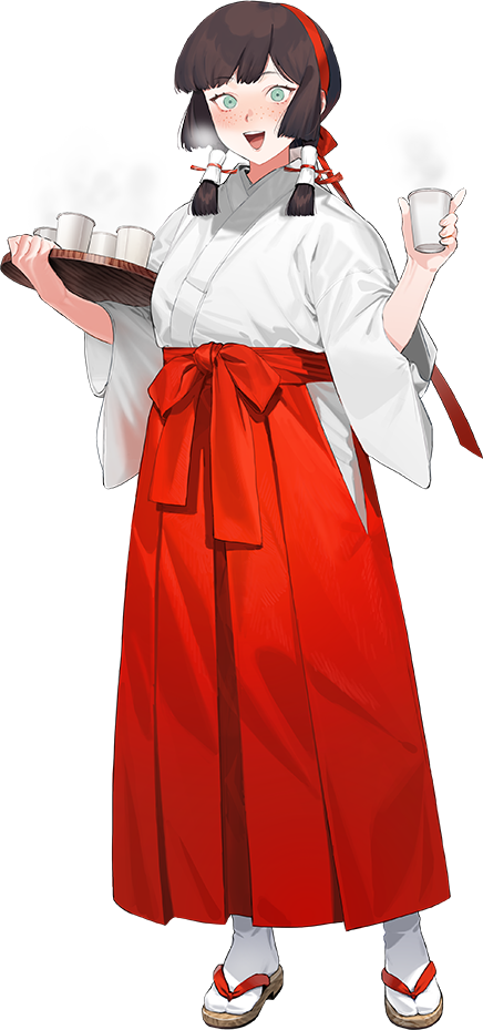 1girl, black_hair, breasts, cup, dress, green_eyes, holding, holding_cup, holding_tray, japanese_clothes, kantai_collection, looking_at_viewer, mogador_(kancolle), mogador_(miko)_(kancolle), official_art, sandals, small_breasts, smile, transparent_background, tray, twintails, umihara_sakana