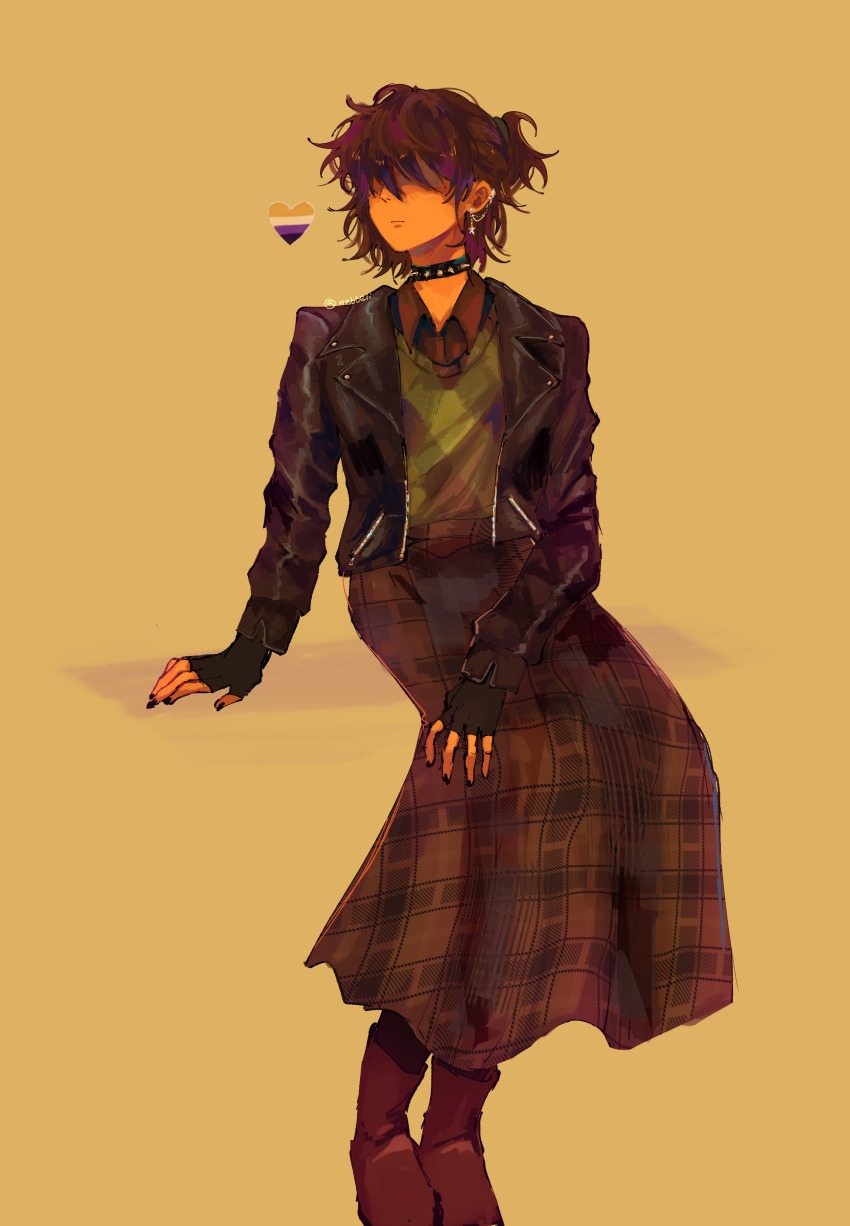 1other, absurdres, alternate_costume, alternate_hairstyle, black_nails, brown_hair, collar, commentary, deltarune, earrings, english_commentary, full_body, highres, invisible_chair, jacket, jewelry, kris_(deltarune), leather, leather_jacket, messy_hair, nebbeli, non-binary_flag, sitting, skirt, spiked_collar, spikes, straight-on, utdr_(toby_fox), yellow_background