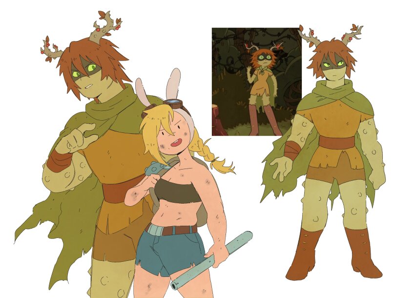 1boy, 1girl, adventure_time, adventure_time:_fionna_and_cake, animal_hood, colored_sclera, colored_skin, cosplay, costume_switch, eye_mask, fionna_campbell, goggles, goggles_on_headwear, green_sclera, green_skin, hair_branch, highres, hood, hunter_(adventure_time), huntress_wizard, huntress_wizard_(cosplay), mask, plant_hair, rabbit_hood, reference_inset, scene_reference, yangyexin