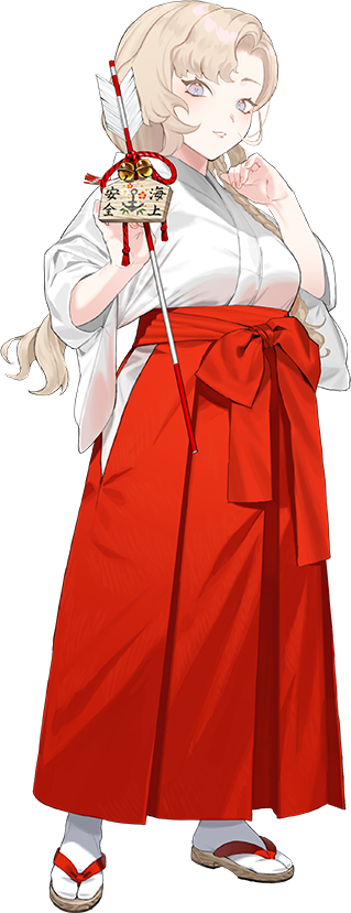 1girl, arrow_(projectile), blonde_hair, eidsvold_(kancolle), eidsvold_(miko)_(kancolle), ema, full_body, grey_eyes, hakama, hakama_skirt, hamaya, holding, japanese_clothes, kantai_collection, kimono, long_hair, looking_at_viewer, miko, official_art, red_hakama, sandals, skirt, socks, solo, standing, tabi, transparent_background, umihara_sakana, white_kimono, white_socks, wide_sleeves