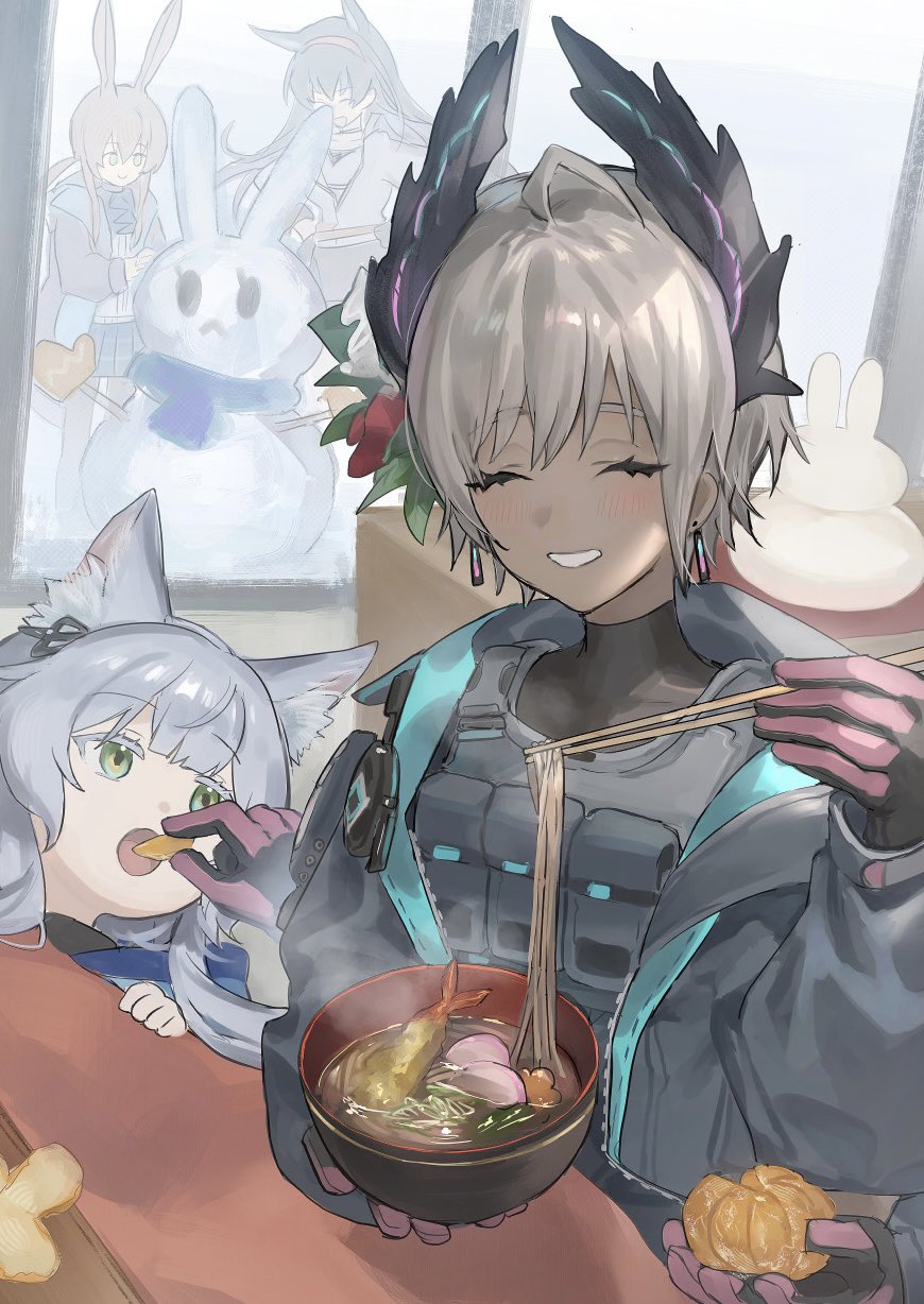 4girls, amiya_(arknights), animal_ear_fluff, animal_ears, arknights, black_jacket, black_shirt, blaze_(arknights)