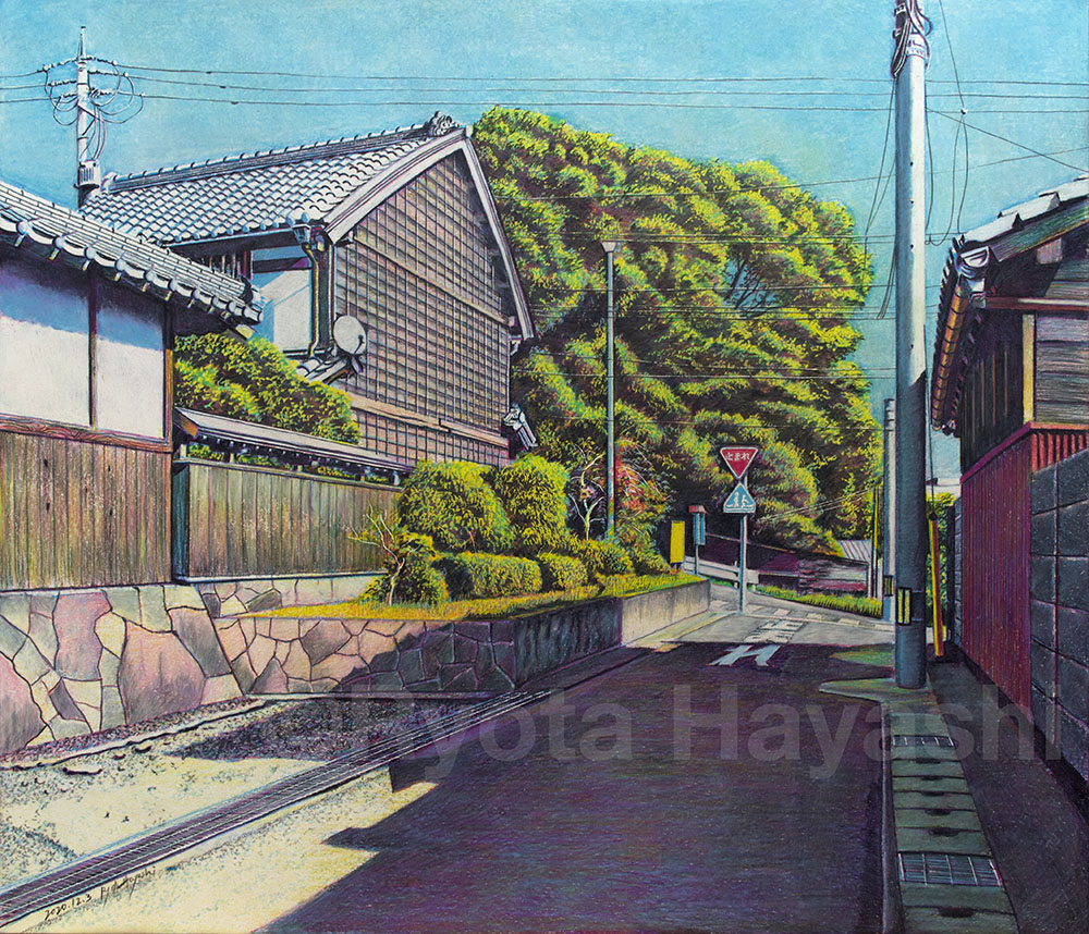 aichi_prefecture, artist_name, blue_sky, building, bush, colored_pencil_(medium), commentary_request, copyright_notice