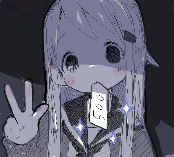 1girl, :3, bad_drawr_id, bad_id, blush, cardigan, empty_eyes, greyscale