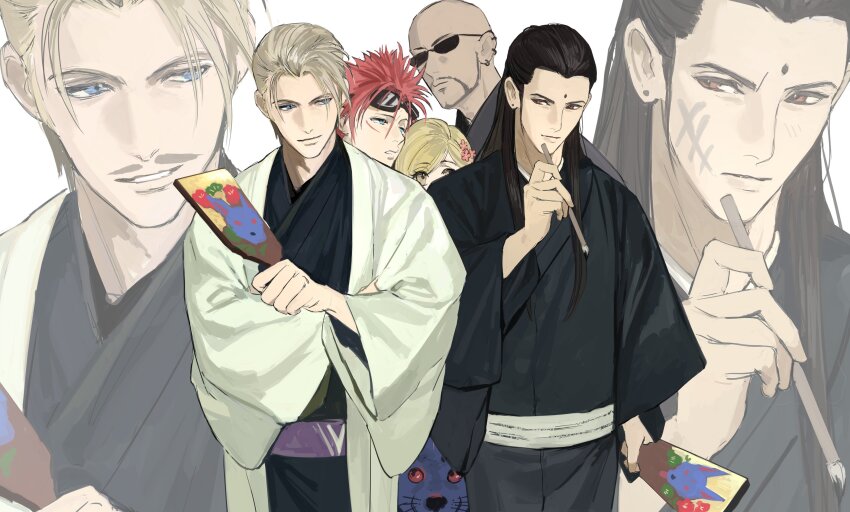 1girl, 3boys, bald, bindi, black_hair, black_kimono, blonde_hair, blue_eyes