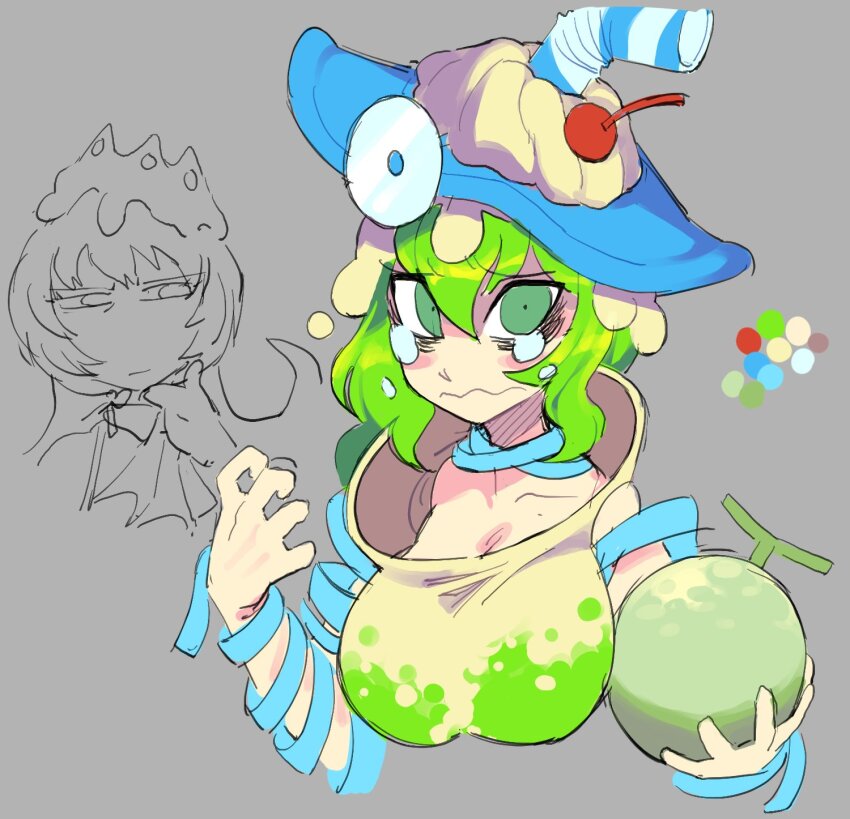 2girls, arm_ribbon, blue_hat, blue_ribbon, blush_stickers, breasts, caliginousarts, cd