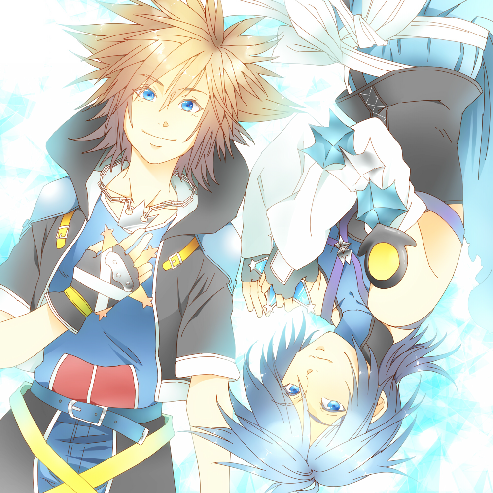 1boy, aqua_(kingdom_hearts), bad_id, bad_pixiv_id, banana_gyuunyuu, bare_shoulders, blue_eyes, blue_hair
