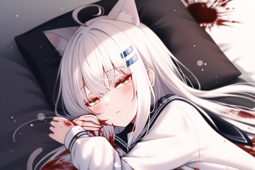 1girl, ahoge, animal_ear_fluff, animal_ears, blood, blood_on_bed, blood_on_clothes, blood_on_face
