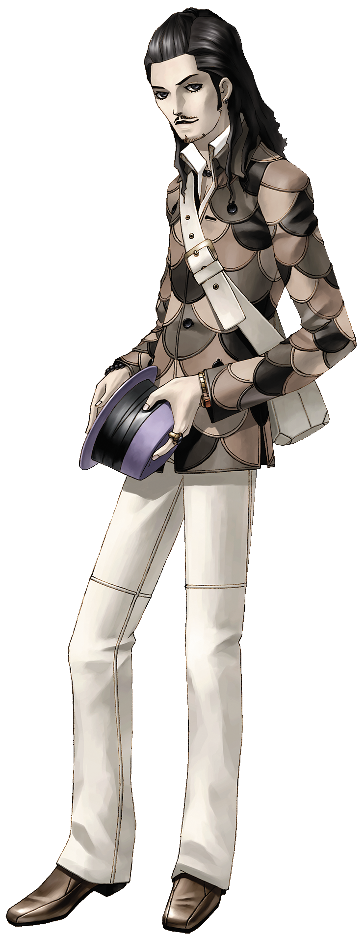 1boy, bag, bead_bracelet, beads, black_hair, bracelet, brown_shoes, closed_mouth, facial_hair, full_body, goatee, grey_eyes, hat, highres, hijiri_jyouji, holding, holding_unworn_clothes, holding_unworn_hat, jewelry, kazuma_kaneko, mustache, official_art, pants, ring, satchel, shin_megami_tensei, shin_megami_tensei_iii:_nocturne, shoes, simple_background, solo, standing, third-party_source, transparent_background, unworn_hat, unworn_headwear, white_pants