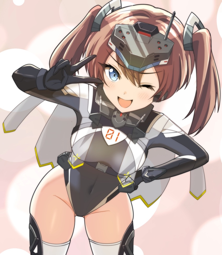 1girl, absurdres, alice_gear_aegis, blue_eyes, bodysuit, breasts, brown_hair, commentary_request, frame_arms_girl, gennai_ao, headset, highres, latex, latex_bodysuit, leotard, mecha, mecha_focus, multicolored_leotard, one_eye_closed, open_mouth, osunahanko, robot, simple_background, small_breasts, thighs, two-tone_leotard, v, white_leotard, world_witches_series, zipper_leotard