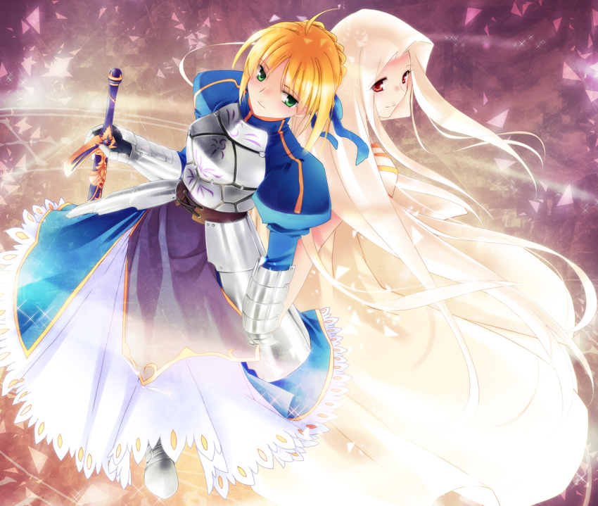 2girls, ahoge, armor, armored_dress, artoria_pendragon_(fate), blonde_hair, caliburn_(fate), dress