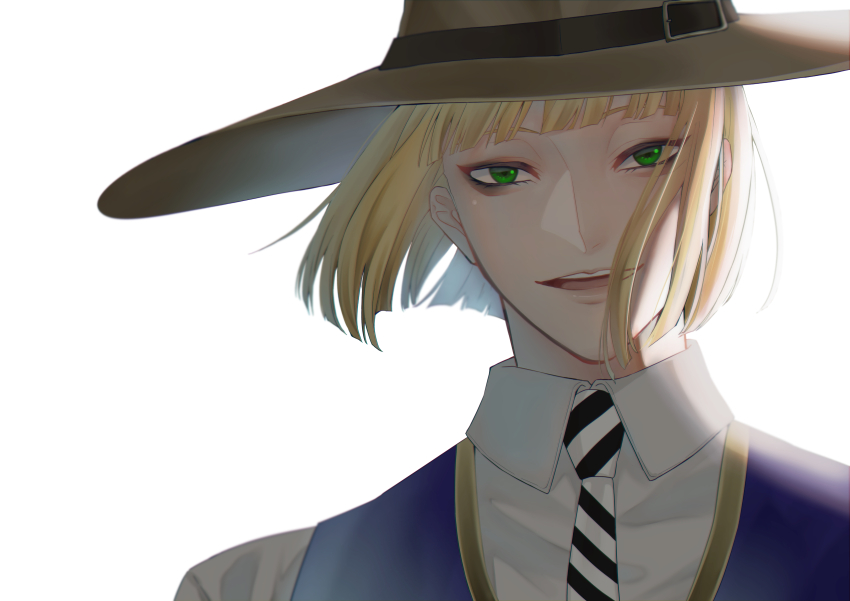 1boy, absurdres, blonde_hair, blunt_bangs, brown_hat, collared_shirt, commentary_request, diagonal-striped_clothes, diagonal-striped_necktie, green_eyes, hat, highres, looking_at_viewer, male_focus, necktie, open_mouth, portrait, riemartan, rook_hunt, shirt, short_hair, simple_background, smile, solo, striped_clothes, twisted_wonderland, white_background, white_necktie, white_shirt