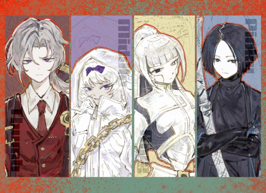 2girls, albina_(project_moon), black_hair, bow, bowl_cut, chain, commentary_request, facing_viewer