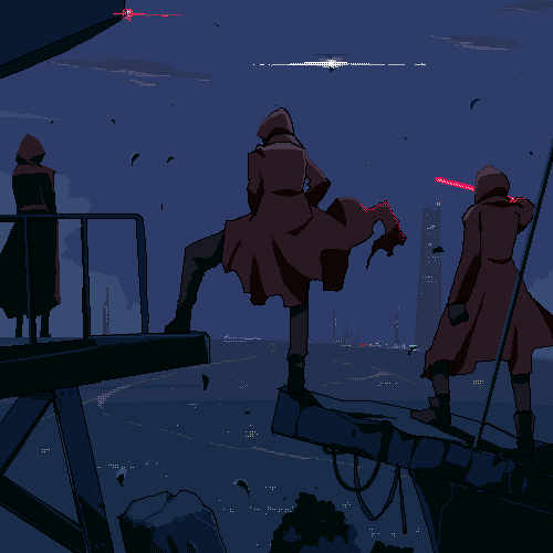 1girl, 2boys, building, cable, city_lights, cityscape, cloak, dark