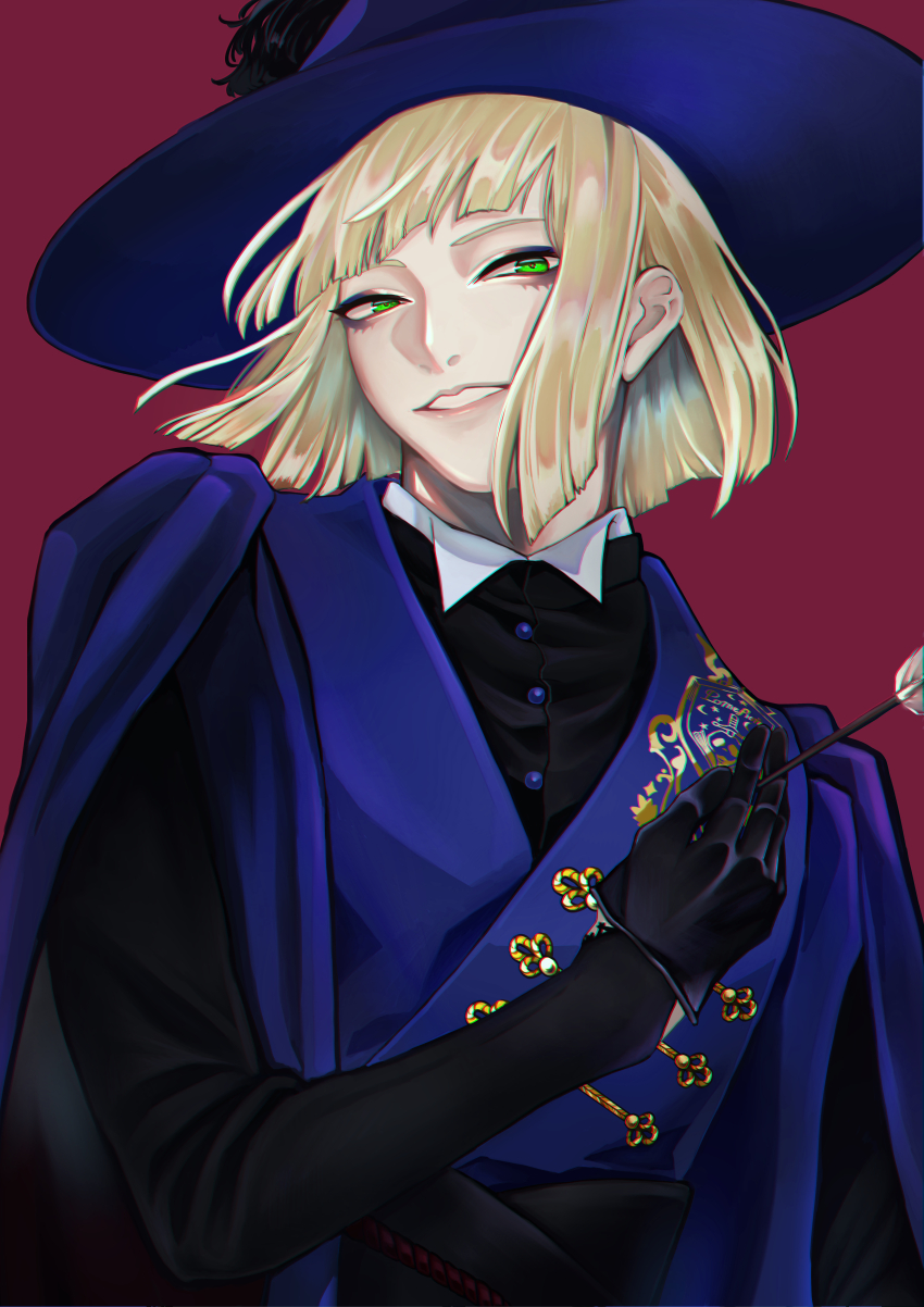 1boy, absurdres, black_gloves, black_shirt, blonde_hair, blue_hat, blue_jacket, blunt_bangs, commentary, gloves, green_eyes, half-closed_eyes, hand_on_own_chest, hat, highres, holding, jacket, long_sleeves, looking_at_viewer, male_focus, pomefiore_dorm_uniform, red_background, riemartan, rook_hunt, shirt, short_hair, simple_background, smile, solo, untranslatable_commentary, twisted_wonderland, upper_body