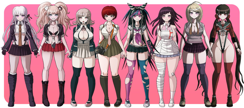 6+girls, a_beautiful_man_(middinos), absurdres, ahoge, akamatsu_kaede, bandages, bear_hair_ornament, blonde_hair, blush, boots, bracelet, breasts, camera, cleavage, curvy, danganronpa:_trigger_happy_havoc, danganronpa_(series), danganronpa_2:_goodbye_despair, danganronpa_v3:_killing_harmony, ear_piercing, enoshima_junko, female_focus, freckles, full_body, gloves, gluteal_fold, hair_ornament, harukawa_maki, highres, jewelry, kirigiri_kyoko, koizumi_mahiru, large_breasts, long_hair, looking_at_viewer, matching_hair/eyes, medium_breasts, middinos, miniskirt, mioda_ibuki, mole, mole_on_breast, mole_under_eye, multicolored_hair, multiple_girls, musical_note, nail_polish, nanami_chiaki, necktie, nurse, panties, pantyshot, piercing, pink_eyes, pink_hair, purple_eyes, purple_hair, red_eyes, red_hair, ring, short_hair, simple_background, skindentation, skirt, slingshot_swimsuit, streaked_hair, swimsuit, tattoo, thick_thighs, thighhighs, thighs, torn_clothes, torn_thighhighs, tsumiki_mikan, twintails, underboob, underwear, very_long_hair