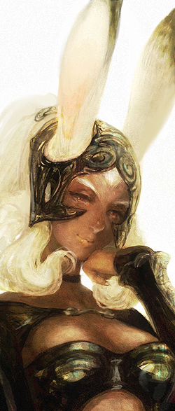 00s, 1girl, animal_ears, armor, breasts, dark-skinned_female, dark_skin, ears_through_headwear, female_focus, final_fantasy, final_fantasy_xii, fran_(ff12), helmet, hiroko_(keshika), long_hair, rabbit_ears, red_eyes, solo, upper_body, viera, white_hair