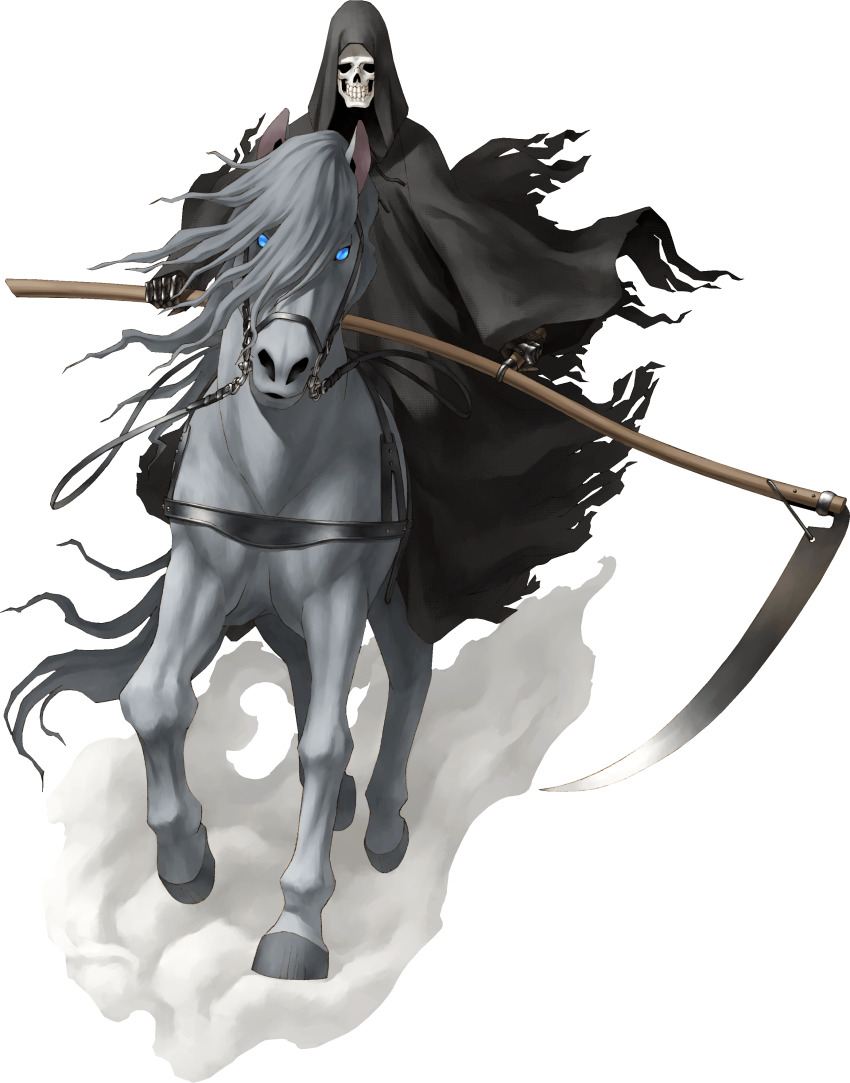 1boy, absurdres, animal, black_cloak, blue_eyes, bridle, cloak, colored_skin