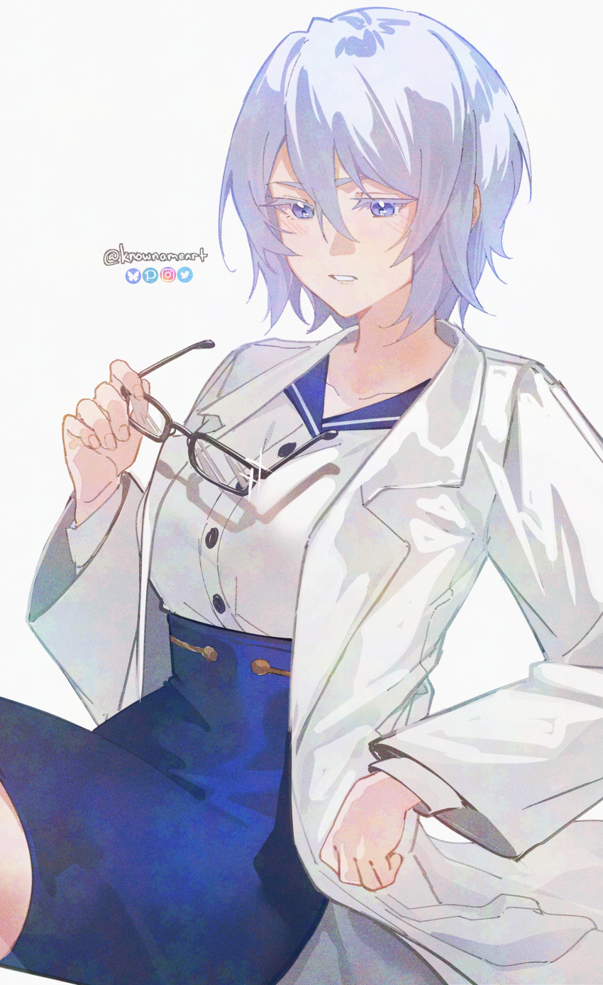 1girl, 86_-eightysix-, absurdres, blue_eyes, blue_hair, blue_skirt, coat, commentary_request