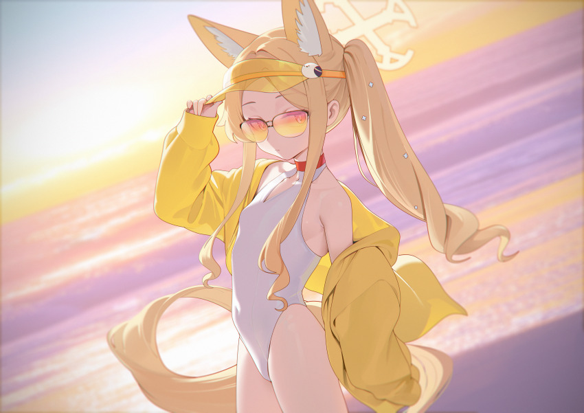 1girl, absurdres, animal_ear_fluff, animal_ears, bare_shoulders, beach, blonde_hair, blue_archive