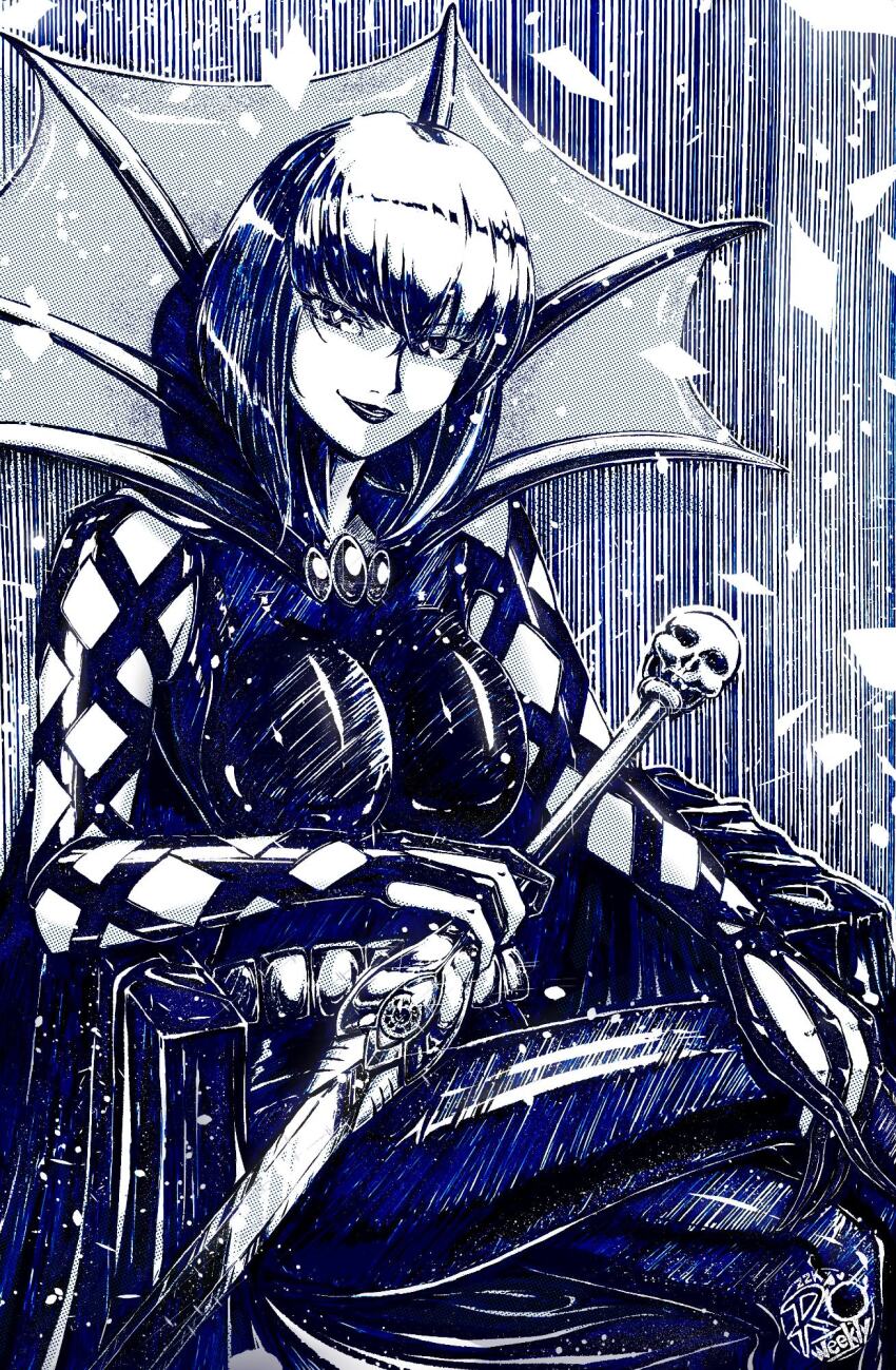 1girl, blue_theme, bodysuit, breasts, chair, closed_mouth, commentary, cowboy_shot