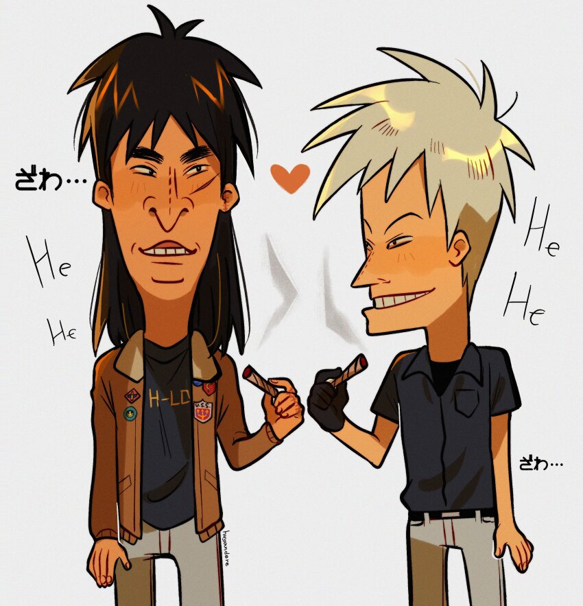 2boys, absurdres, akagi:_yami_ni_oritatta_tensai, akagi_shigeru, beavis_and_butt-head, black_eyes, black_gloves, black_hair